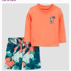 Carter's Coral Long-Sleeve Rash Guard with Tropical Teal & Navy Trunks